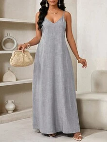 SHEIN Lady 2025 Đầm Maxi Rộng Thùng Thình Màu Xám Mới Cho Nữ Đầm Boho Hở Lưng Cho Nữ Đầm Maxi Rộng Không Dây Đầm Dự Tiệc Sinh Nhật & Sự Kiện/Đầm Ngày Lễ Trang Phục Kỳ Nghỉ Cho Nữ Boho/Bohemia/Boho Quần Áo Cho Nữ Áo Halter Top Quần Áo Cho Phụ Nữ Châu Phi Đầm Cho Nữ Đầm Nhiệt Đới Mùa Hè Cho Nữ Hàng Mới Về Đầm Cho Nữ Đầm Đi Biển Đầm Phục Sinh / Đầm Phục Sinh Cho Nữ / Trang Phục Phục Sinh Cho Nữ - Xám - Xem 3
