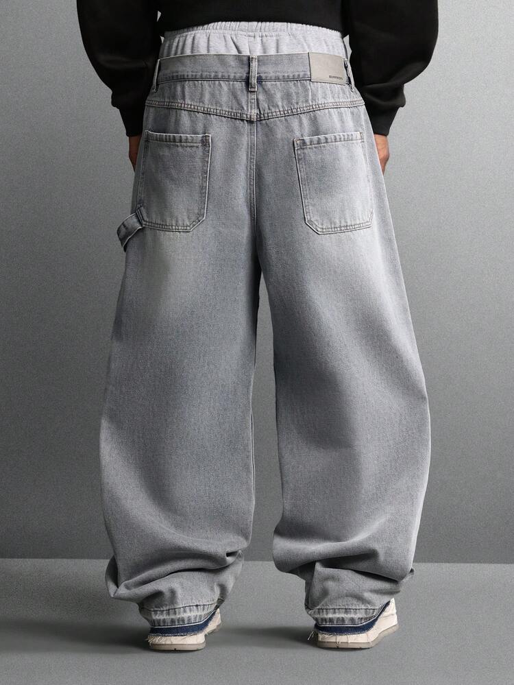 Balloon Fit Double Layer Denim Jeans With Utility Pockets
