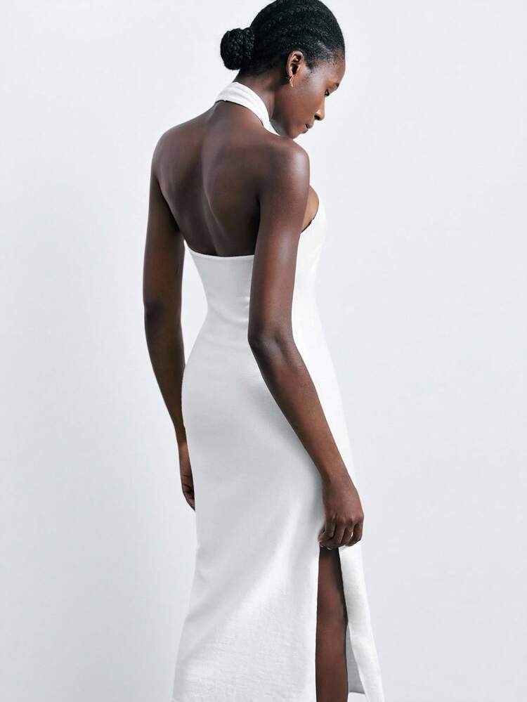 SHEIN Maija 2025 Women's Metal Decor Halter Neck Fitted White Mid-Length Dress, Suitable For Early Autumn Back To School Season And Party Season White Dress Women Halter Neck Dress For Woman White Halter Dress White Midi Dress Wedding Season, White Dress, Wedding Guest Gown