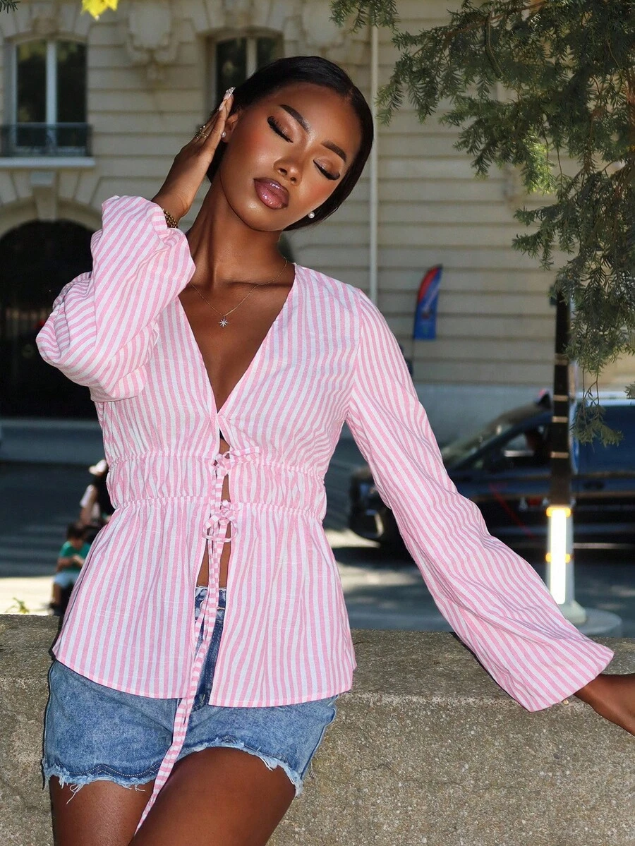 Women's Striped Lace Up Long Sleeve Shirt, Minimalist Style Suitable For Summer - Pink - View 1