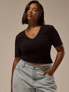 MUSERA 大码女式V领翻边短袖修身上衣，优雅基础款，性感百搭，凸显曲线，适合节日、派对、春夏复活节假期穿着 - 黑色 - 查看 2