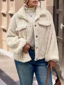 EMERY ROSE Plus Size Women's Flap Detail Button Front Flannel Jacket Winter Fall Autumn - Apricot - View 7