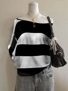 Attitoon 女式休闲黑白条纹印花落肩宽松短袖T恤 - 彩色 - 查看 5