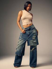 Denimoi Baggy Fit Distressed Frayed Hem Overlapping Denim Jeans - Medium Wash - View 3