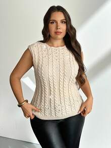 Firerie Plus Size Women Elegant White Cable Knit Sweater Vest,Faux Pearl Embellished Round Neck Sleeveless Top For Autumn,Festa,Parties,Banquets And Office - Apricot - View 6