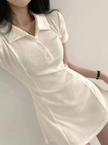 DAZY 纯色纽扣前半襟收腰中长连衣裙太阳裙，休闲女装 - 米色 - 查看 8