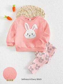Cozy Pixies Conjunto de 2 piezas de sudadera y pantalones con cuello redondo, hombros caídos y estampado de conejo de dibujos animados para bebé niña - Rosa - Ver 1