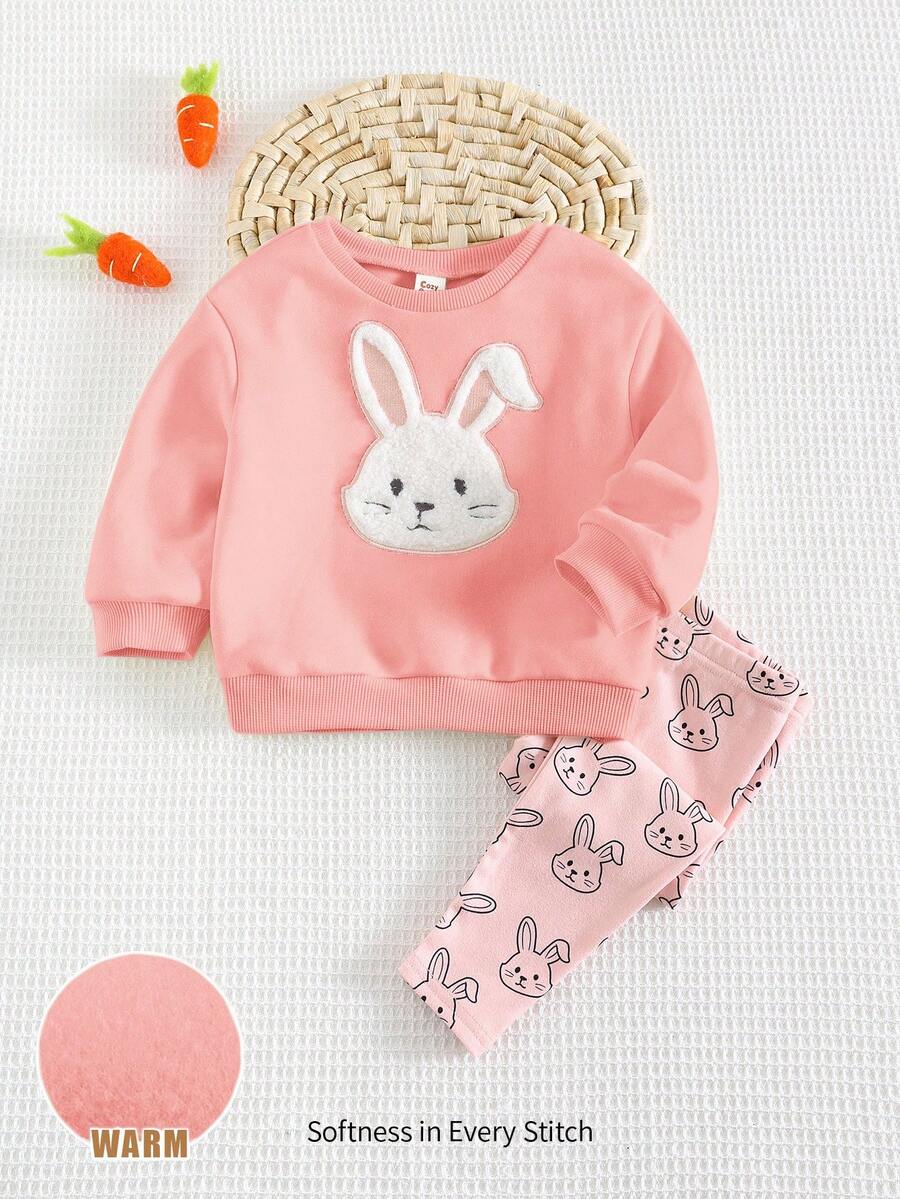 Cozy Pixies Conjunto de 2 piezas de sudadera y pantalones con cuello redondo, hombros caídos y estampado de conejo de dibujos animados para bebé niña - Rosa - Ver 1