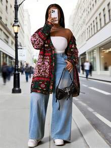 Slaydiva 大码女式豹纹花卉图案落肩长袖休闲针织开衫，秋季 - 彩色 - 查看 10