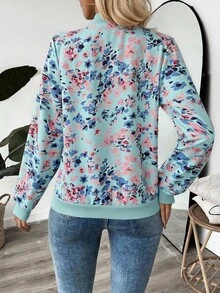 EMERY ROSE Women's Floral Print Long Sleeve Casual Baseball Jacket, Autumn - Blue - View 2