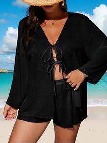 Swim Vcay Plus Size Women Solid Color Elastic Knitted Sexy Beach Swimwear Cover-Up Set For Summer Beach Vacation - Black - View 4