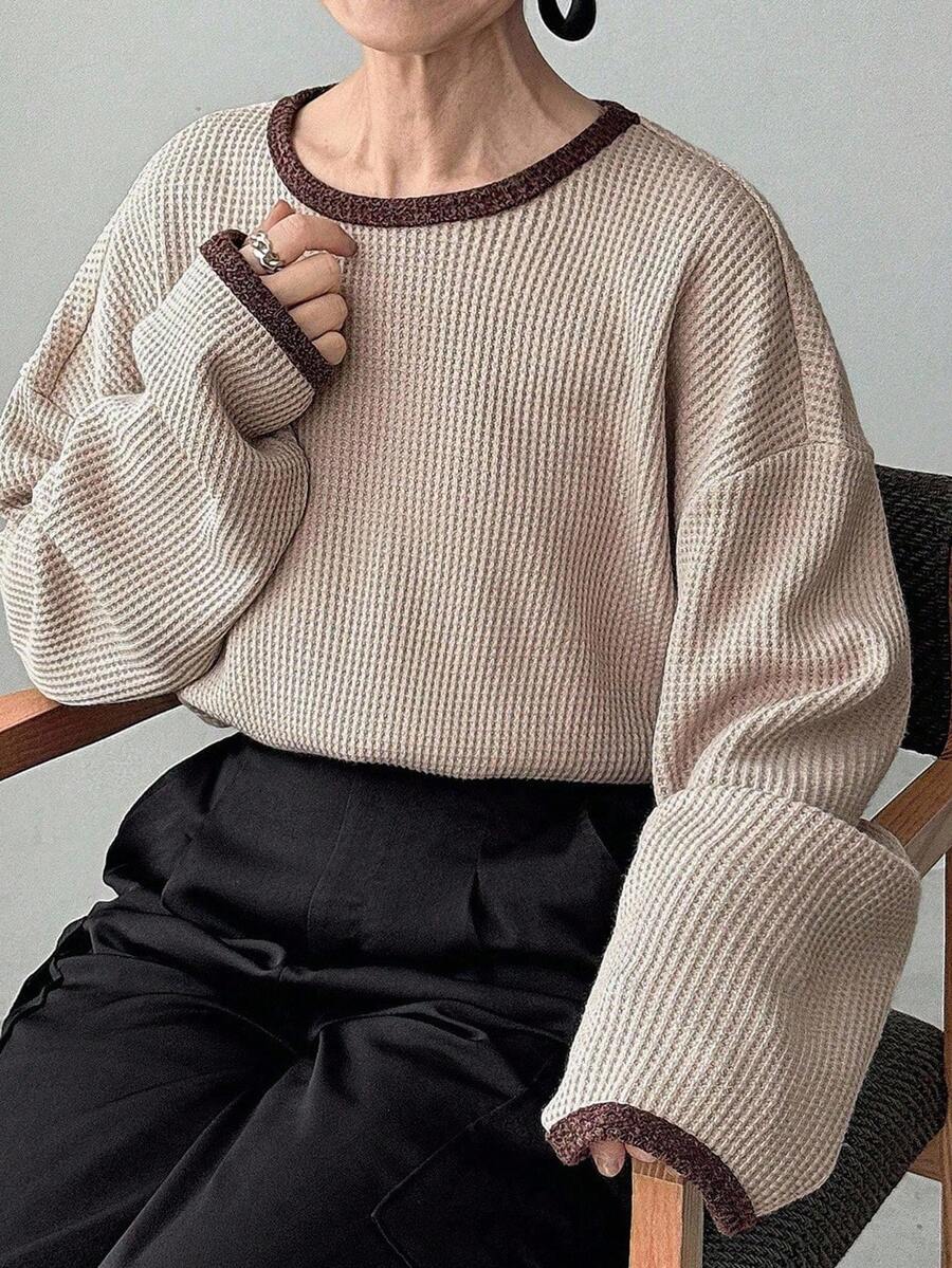 FRIFUL Women's Waffle Knit Contrast Color Loose Fit Round Neck Long Sleeve Casual T-Shirt, Suitable For Spring/Autumn Layering