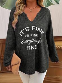 Kaos Kasual Wanita Ukuran Besar Musim Semi & Gugur Leher V dengan Slogan dan Lengan Raglan, Atasan Wanita - Hitam - View 6
