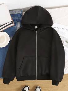 SHEIN Tween Girls Casual Hooded Cardigan Jacket, Autumn/Winter Fall - Black - View 5