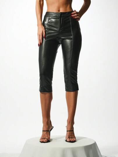 KIZN High Rise Capri Faux Leather Leggings With Contrast Seam Detail For Women