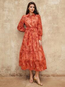 SHEIN Privé VITNOS New Elegant High-End Fashion Floral See-Through Burnt Orange Collar Pleated Ruffle Dress With Front Gold Button Closure, Waist Tie Belt, Suitable For Party And Events, Long Sleeve Maxi Dress For Women - Burnt Orange - View 5