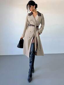 Firerie Women's Elegant Khaki Long Trench Coat,Colorblock PU Collar Fashionable Autumn Winter Clothes For Office,Casual Intellectual Outing Wear Trench Coat - Khaki - View 7