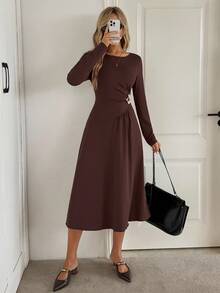 Easowa Vestido longo feminino, gola redonda, cintura marcada, assimétrico, franzido, com botões de metal, corte A, casual, relaxado, elegante, vintage, marrom café, outono/inverno