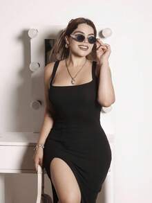 Lupita Cardoza 高弹力罗纹针织宽带女式高开叉修身长裙，女士度假装 - 黑色 - 查看 5