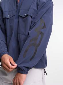Men Letter Print Stand Collar Pocket Zip-Up Long Sleeve Jacket, Fall - Blue - View 5