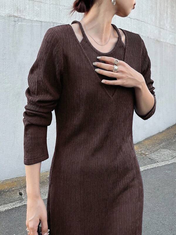 FRIFUL Women's Casual Solid Color Long Sleeve Dress, Autumn Sweater Dress Ribbed Dress Knitted Dress For Women Coffee Brown Dress Dark Brown Dress