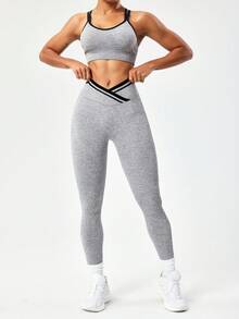 Seamluxe SHEIN Sport Seamless Yoga Sports Bra With Criss-Cross Straps Yoga Bra Top Grey Sports Bra Grey Workout Set Criss Cross Sports Bra Yoga Set Bra Top