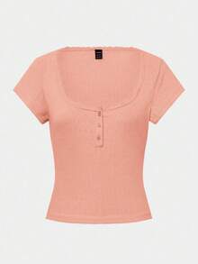 Zielony 甜美蕾丝边短袖 T 恤女士，全新夏季修身三扣装饰半袖上衣 - 粉色 - 查看 5