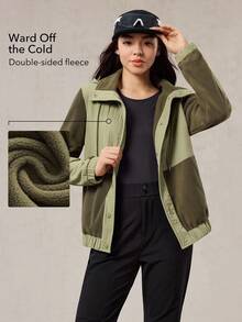 OutZeal 女式柔软保暖羊毛绒立领抽绳下摆连帽户外羊毛衫徒步露营冬季 - 綠色 - 查看 2