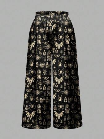 Goth Pantaloni oversize neri e beige da donna, con stampe sperimentali di stile accademico, raffiguranti elementi orrore come streghe, falene, foreste, ragni e pipistrelli