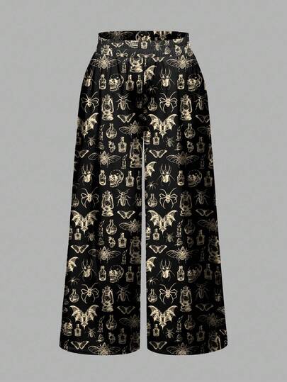 Goth Pantalon grande taille noir et beige, style expérimental académique, avec motifs de sorcière, papillon de nuit, forêt, araignée et chauve-souris pour un look mystérieux et effrayant