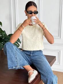 Serisse Women's Floral 3D Embellished Round Neck Short Sleeve Knit Top, Fashionable For Autumn,Mesh Floral Three-Dimensional Embroidery Spliced Sweater Top,Mesh Floral Three-Dimensional Embroidery Spliced Sweater Top,Lace Embroidered Patchwork Sweater Top,Sequin Floral Embroidered Short-Sleeve Sweater,Shiny Short-Sleeve Sweater Top,Cream Yellow Sweater Top, Chic Top,Autumn Clothes For Women,Women's Winter Sweater Vest,Warm Sweater Vest,French Style Clothes, Christmas Sweater Vest,New Year Outfit,Casual Outfit For Women,Vintage, Minimalist, Commuter, Office, Perfect For Everyday Wear Summer