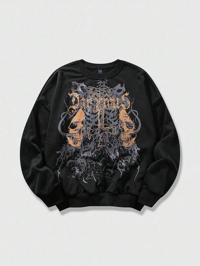 Goth Men's Casual Skull Print Crew Neck Long Sleeve Pullover Sweatshirt, Autumn