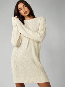 MISSGUIDED 奶油色圈圈针织迷你毛衣裙长袖冬秋季舒适超大针织休闲套头衫连衣裙，圆领和罗纹下摆 - 白色 - 查看 6