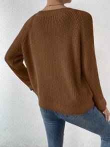 SHEIN LUNE Solid Raglan Sleeve Sweater - Mocha Brown - View 2