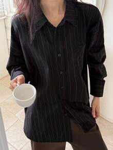 DAZY 女式宽松格子街头休闲校园衬衫长袖上衣 - 黑色 - 查看 4