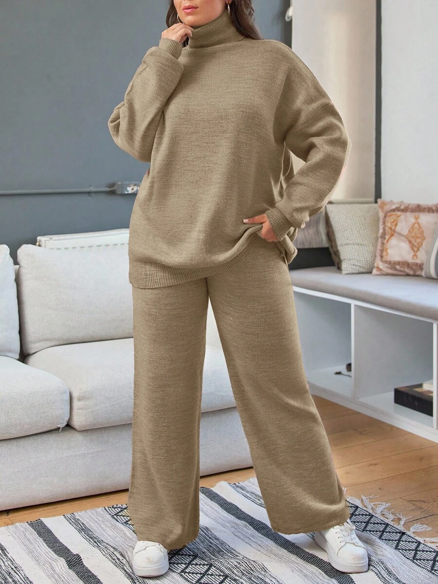 EURMUSE Plus Size Solid Color Turtleneck Sweater And Knit Pants Set, Casual For Autumn/Winter Two Piece Set Women Comfy - Coral Pink - View 1
