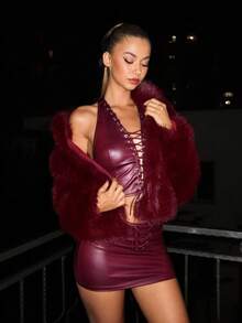 EgrlEra 女士时尚勃艮第红仿皮草夹克 - 酒紅色 - 查看 3