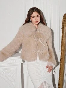 SHEIN MOD Women's Fashionable & Elegant Faux Fur Coat, Autumn Winter, Halloween , Christmas Party, New Year Women's , Thanksgiving, Party , Elegant For Party, Luxury, Women's Winter Coat, Tie Front, - Apricot - View 4