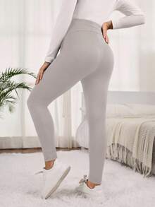SHEIN 孕妇纯色高腰弹力修身休闲紧身裤 - 淺灰色 - 查看 2