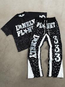 Manfinity EMRG Men's Letter Print Round Neck Short Sleeve T-Shirt And Drawstring Waist Flared Pants Casual Suit