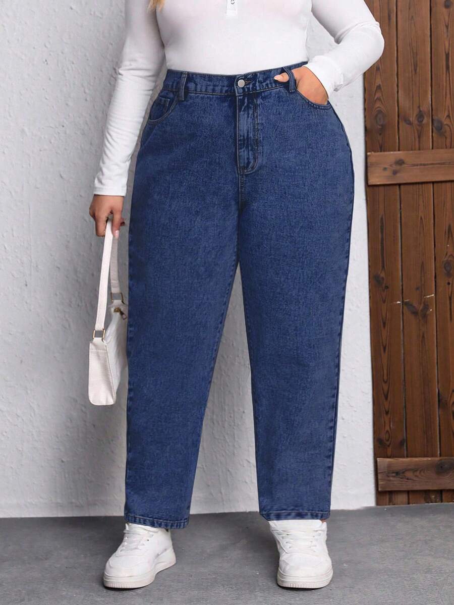 EMERY ROSE Spring Plus Size Casual Washed Non-Stretch Tapered Jeans - Dark Wash - View 1