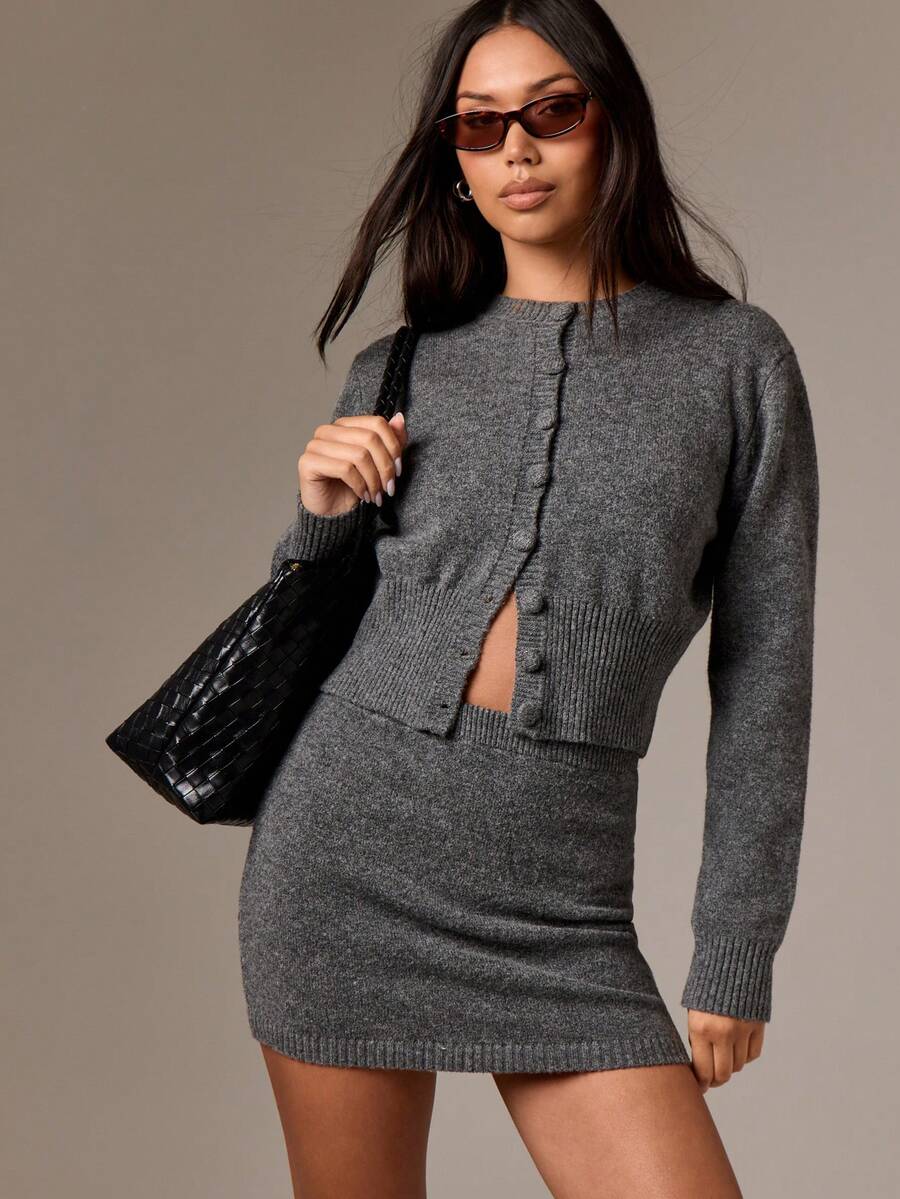 AiiRZ Conjunto de dos piezas de falda mini y cárdigan con botones de punto, con puños y bajo acanalados, manga larga, estilo de moda de otoño para uso casual - Gris - Ver 1