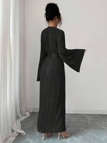 Selianne Robe midi élégante pour femme de taille standard avec manches évasées, design de ceinture plissée à la taille - Noir - Voir 2