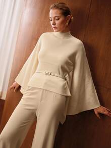 MOTF PREMIUM HIGH NECK BATWING SLEEVE RIBBED KNIT SWEATER TOP - Apricot - View 7
