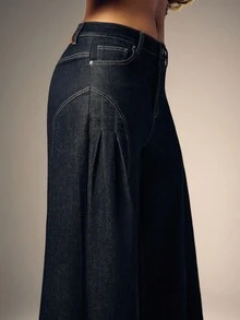 Denimoi 女式口袋褶皱阔腿宽松休闲牛仔裤 - 深色水洗藍 - 查看 6