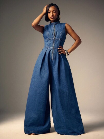 Denimoi Sleeveless Zip Front Wide Leg Denim Jumpsuit