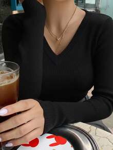 Dazy-Less Business Casual V-Neck Long Sleeve Pullover Sweater Fall/Winter - Black - View 4