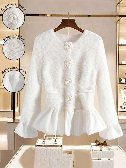 GlowEve CURVE 大码女款水貂皮拼布3D花卉针织开衫，浪漫优雅