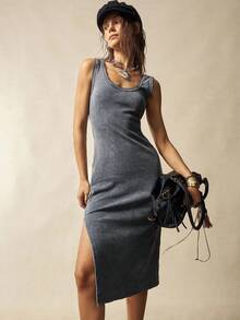 Bohemela Váy midi không tay dệt kim màu trơn đơn giản dành cho nữ - Xám - Xem 6