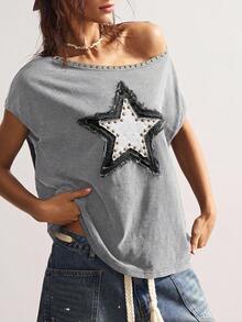 Bohemela Camiseta gráfica de estilo boho country casual y holgada para mujer, de verano - Gris - Ver 3